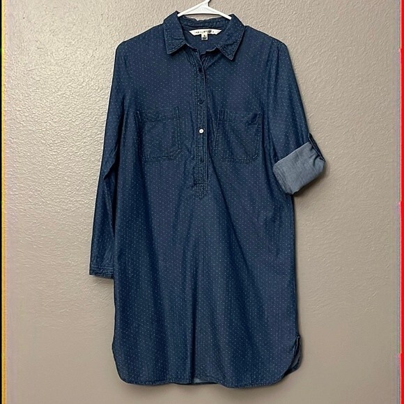 Max Studio Small Chambray Dress Blue Long Tab Sleeves - Picture 1 of 12